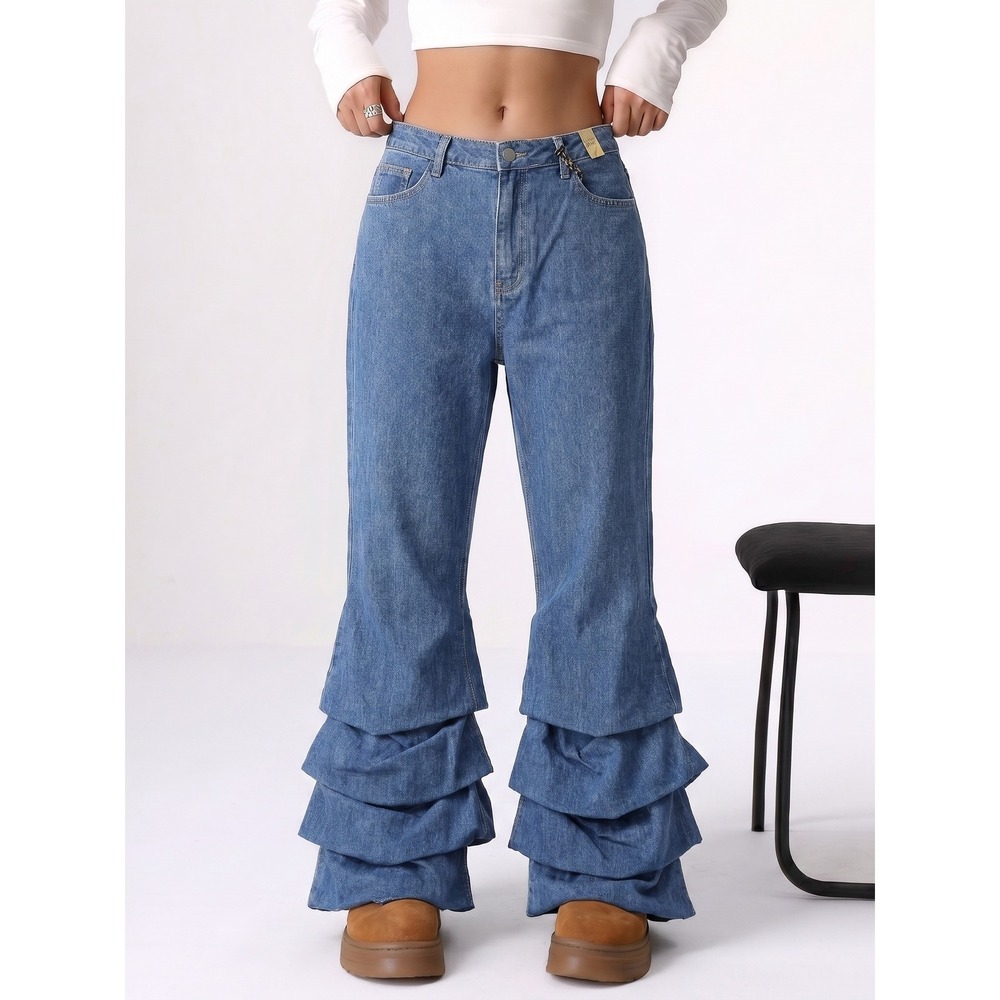 NEW Vibrant MIU Womens 2X Ruffle Tiered Flare Jeans High Rise Blue Denim W32xL33